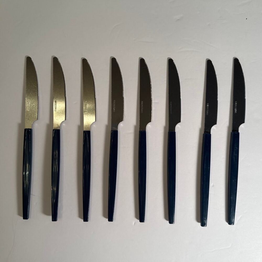Set of 8 Stainless China Blue Plastic Handle Table Knives Silverware MCM Vintage